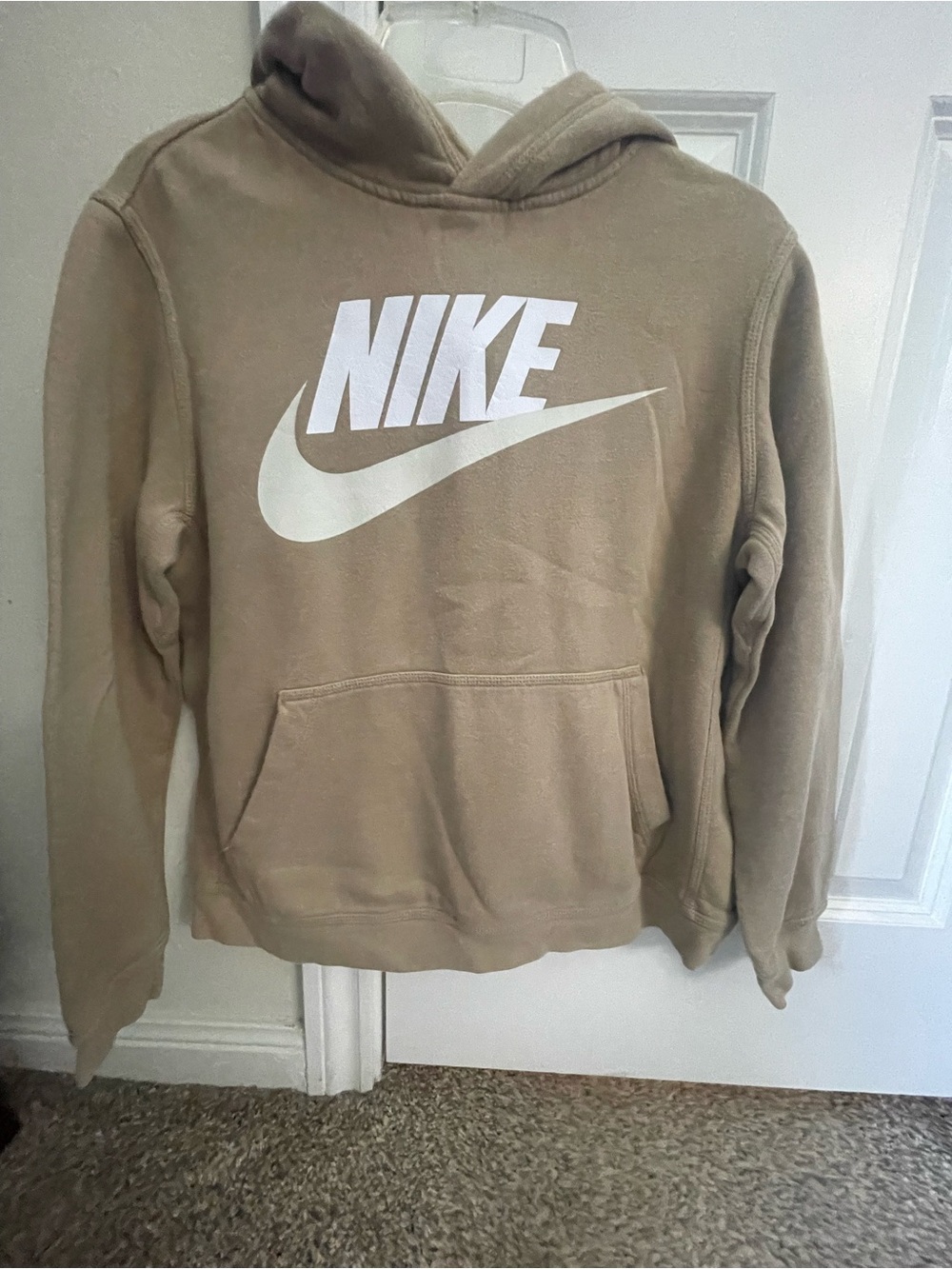 Nike Men's Tan Hoodie with White Swoosh Logo